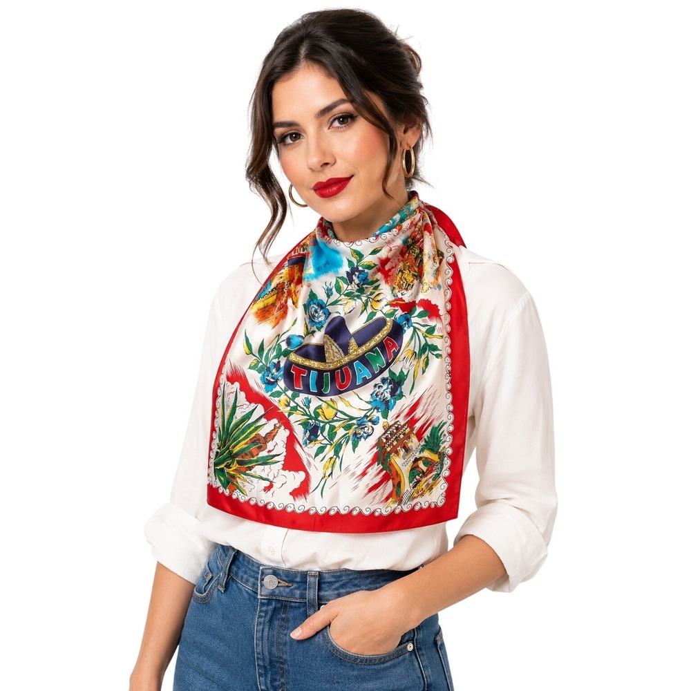 Tijuana Mexico Souvenir Red Floral Sombrero Travel Print Square Scarf One Size